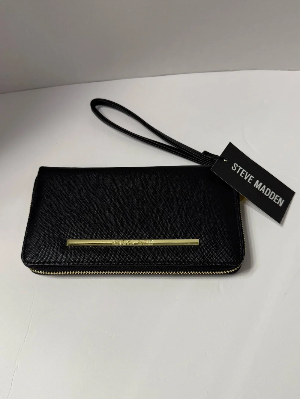 Steve Madden Black Zip-Around Wristlet with Gold Bar